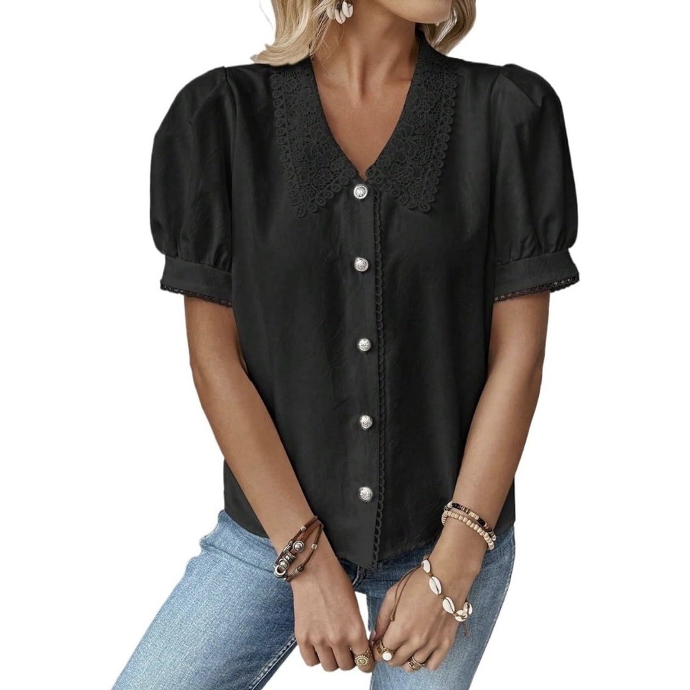 Black Fashion Blouse Solid Color Short Sleeve Shirt Lace Classic NWT Sz M